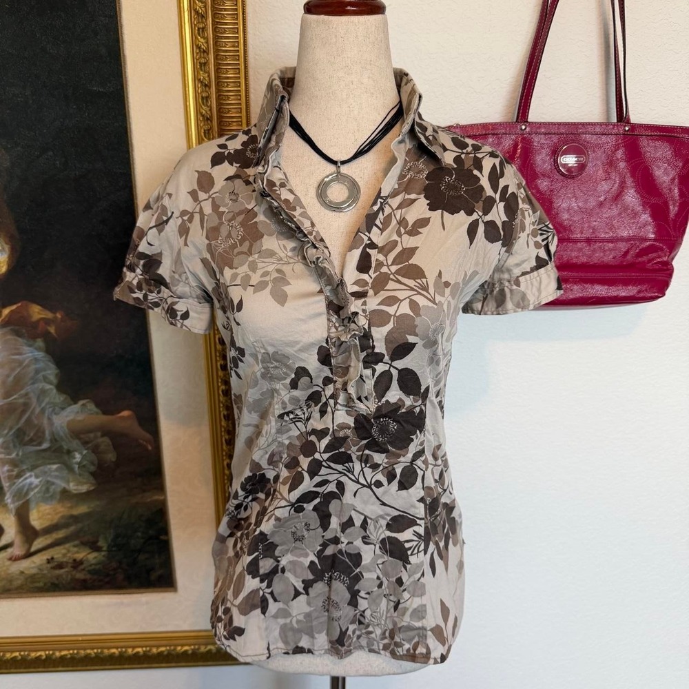 Y2K Brown Floral Autumn Collared Ruffle Top